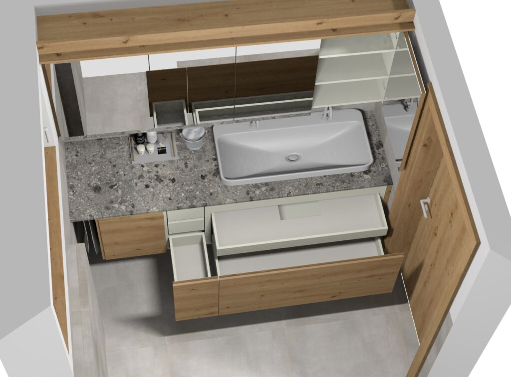 Projekt Neubau Bad, Eiche, Planung, 3D-Visualisierung | Der Moser. Der Tischler. Kundl, Tirol Projekt Neubau Bad, Eiche, Planung, 3D-Visualisierung | Der Moser. Der Tischler. Kundl, Tirol